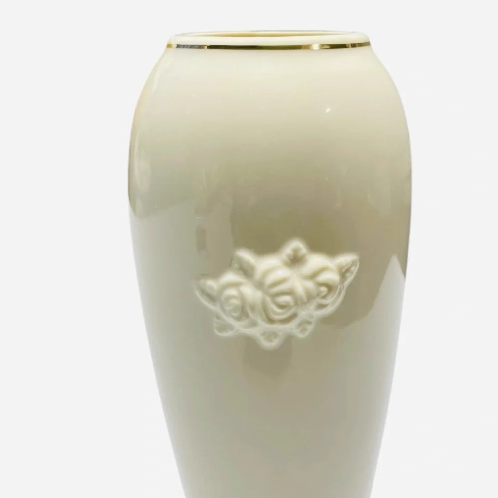 Vintage Lenox Ivory Rose Vase 24K Gold Trim Embossed Porcelain 7.5